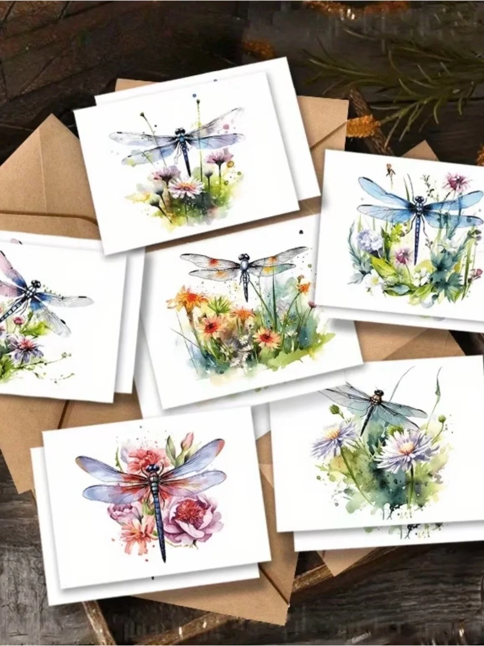 Watercolor Dragonfly Note Card Set - Floral Designs in Blue & Pastel Hues
